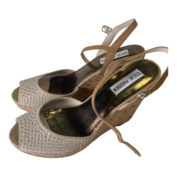 Steve Madden Cork Platform  Rein-stone Studded High Heel wedge Sandal - Picture 3 of 7